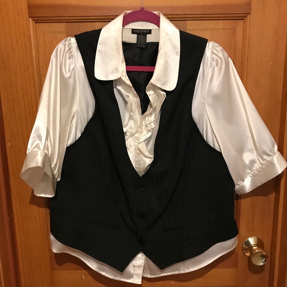 Lane Bryant satin blouse/attached black vest.